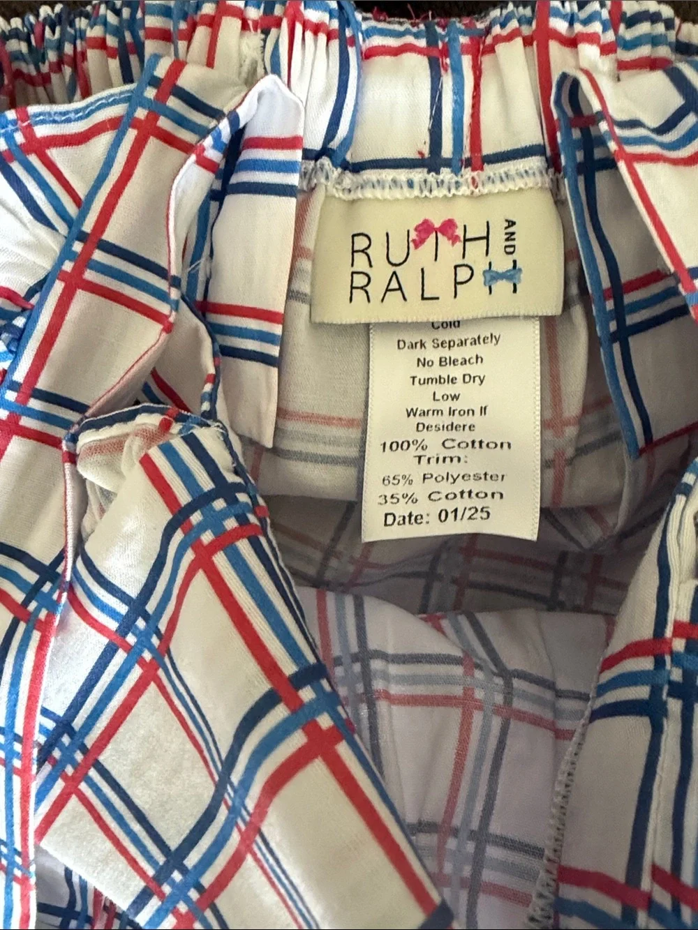 Girls White Plaid Ruffle Strap Dress - Red & Blue